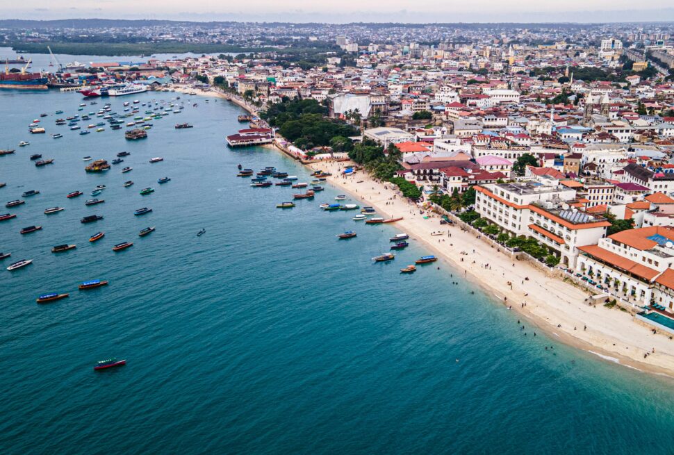 Stone Town Zanzibar skyline view with historic buildings and Indian Ocean coastline