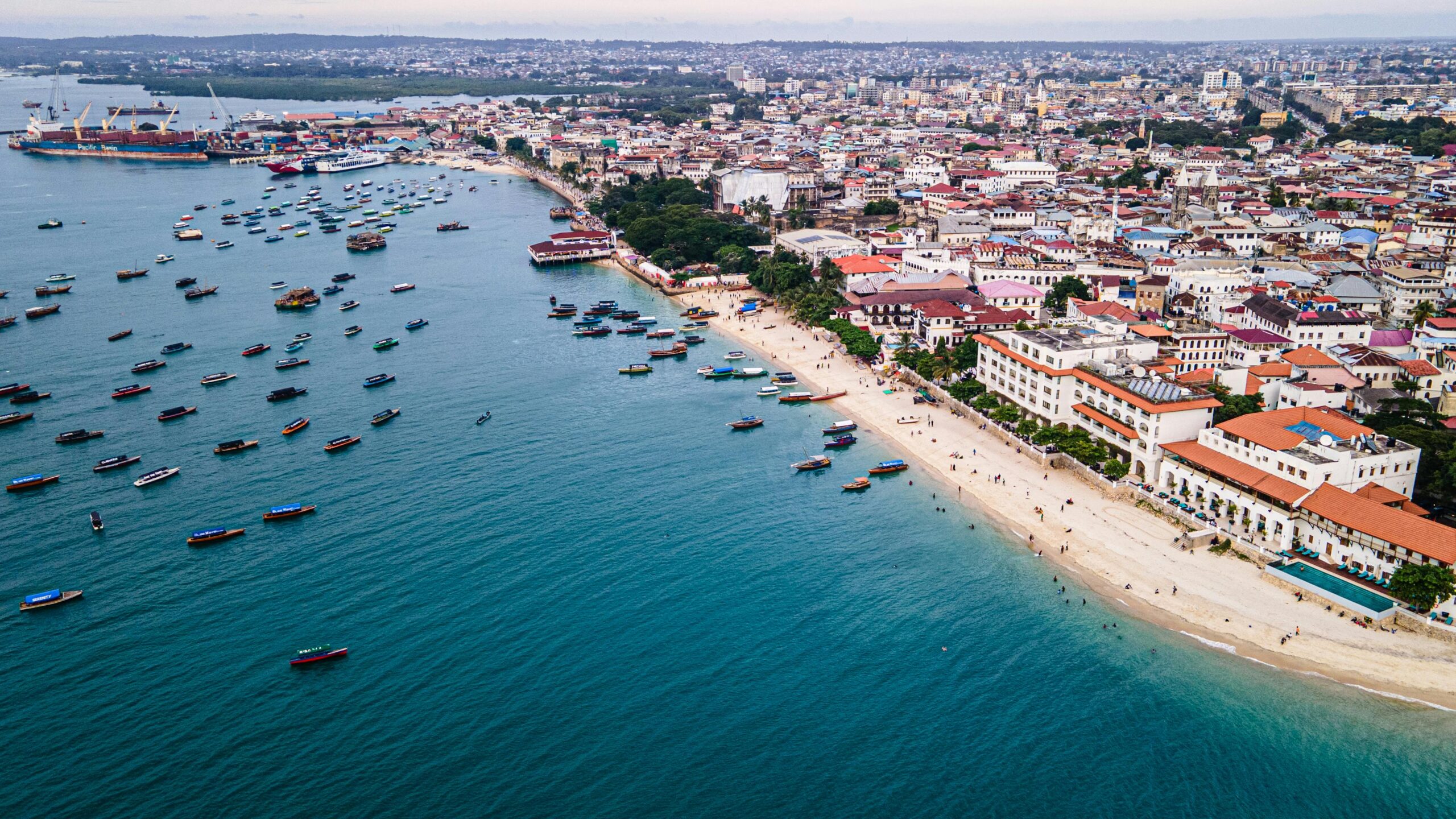 Stone Town Zanzibar skyline view with historic buildings and Indian Ocean coastline