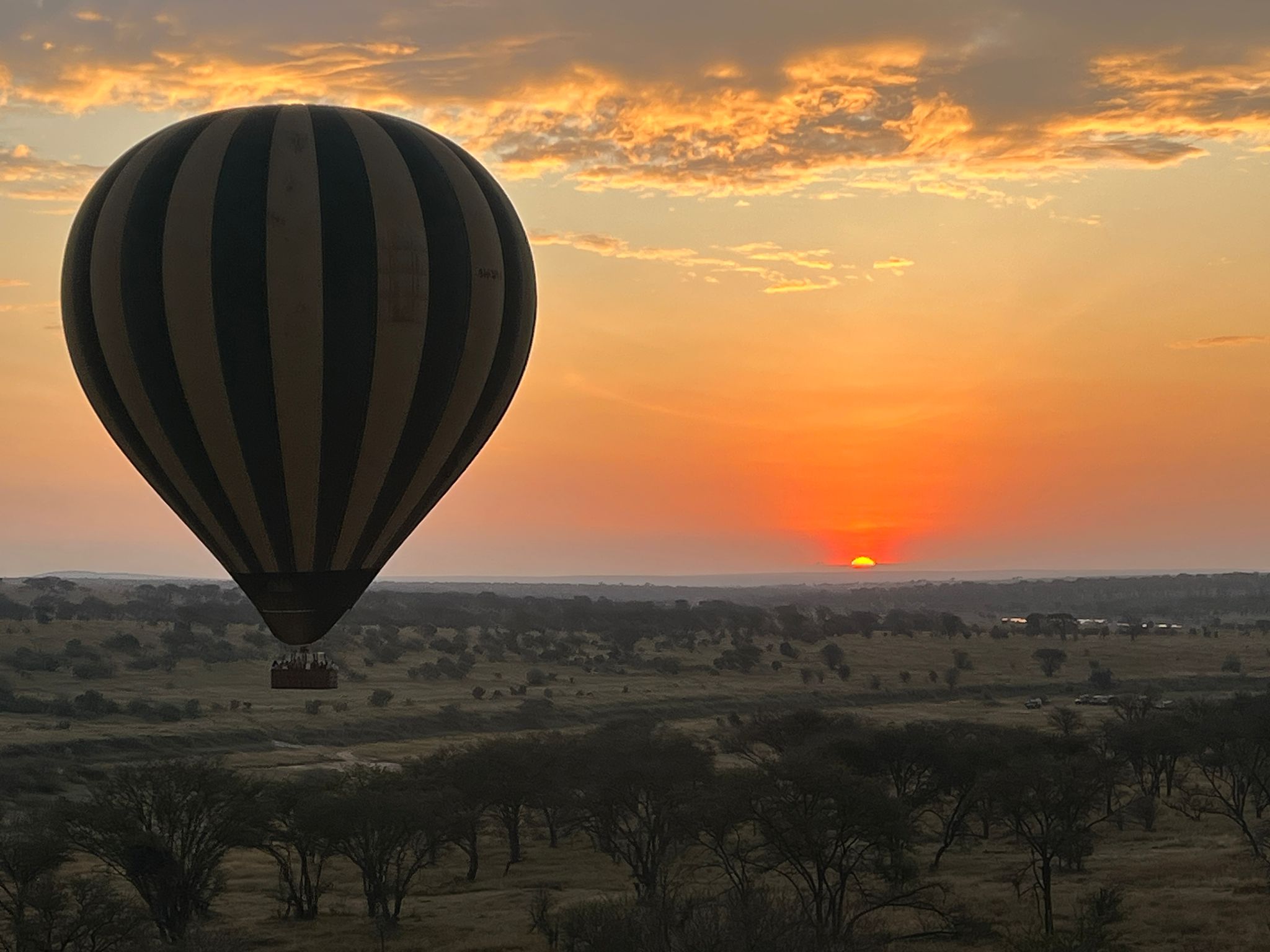 Hot air balloon safari in Serengeti floating above Serengeti National Park at sunrise with golden savannah views and soft morning light