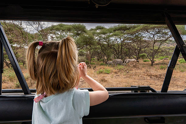 Kids Friendly Safari in Tanzania featuring a young girl photographing a majestic African elephant herd in Lake Manyara National Park