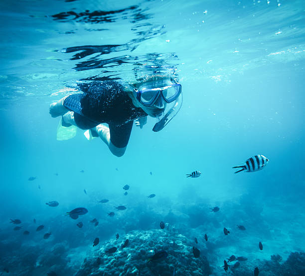 Mnemba Island Tours Zanzibar woman snorkeling in crystal clear Indian Ocean near Zanzibar coral reefs exploring marine life underwater