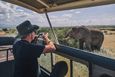 Solo safari in Tanzania 2026 tourist photographing a wild leopard during a safari in Tanzania from an open-top safari vehicle, capturing African wildlife in a natural habitat.
