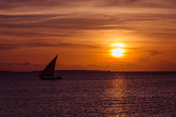 Best Sunset Spots in Tanzania showing a traditional dhow sunset sail near Zanzibar Island over the Indian Ocean