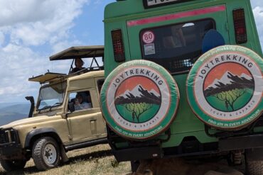 Safari Jeep Tanzania Tours showing two lions resting behind a safari jeep in Serengeti during a wildlife adventure