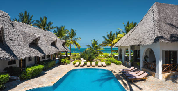 Zanzibar holiday cost factors luxury resort aerial view swimming pool in Zanzibar beach hotel