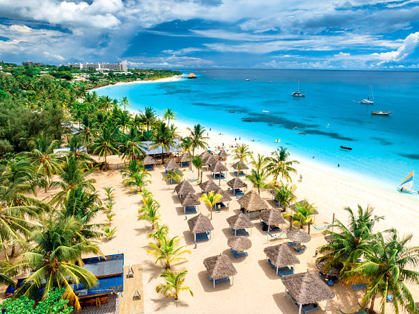 Safari Blue Tour Cost Tanzania aerial view of Kendwa Beach Zanzibar with turquoise waters, white sandy beaches, yachts, boats, and tropical coastline