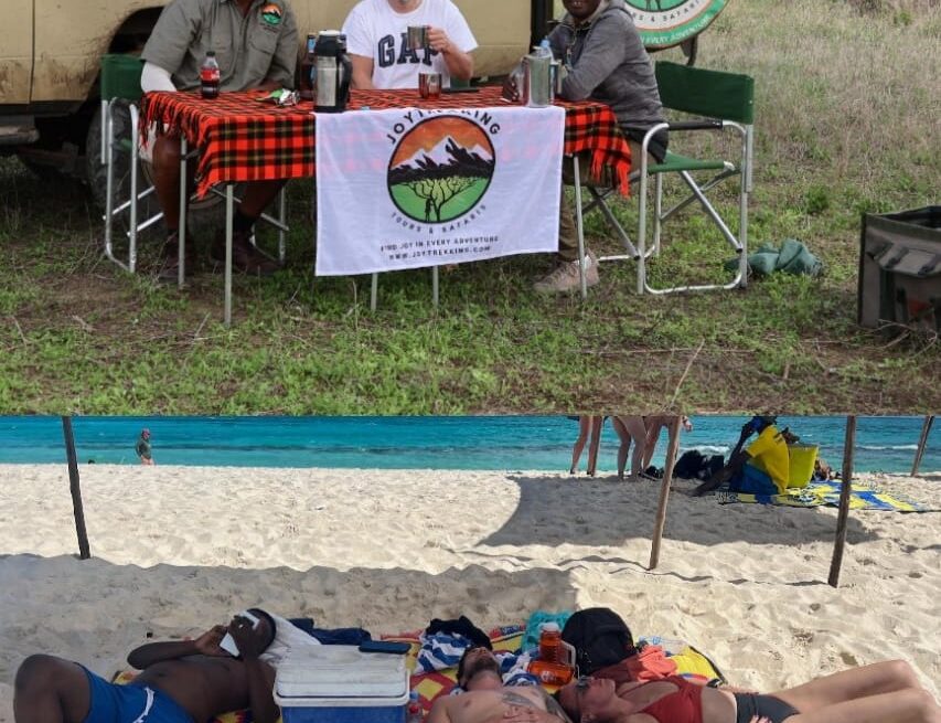 Affordable Tanzania Safari and Zanzibar Packages: comparison image showing international travelers enjoying wildlife safari in Tanzania and relaxing on Zanzibar beach