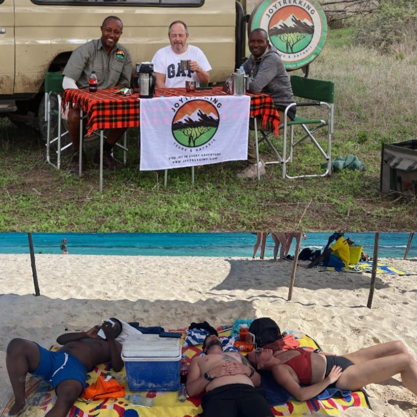 Affordable Tanzania Safari and Zanzibar Packages: comparison image showing international travelers enjoying wildlife safari in Tanzania and relaxing on Zanzibar beach