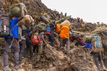 Kilimanjaro porters carrying trekking equipment during a 7-day Mount Kilimanjaro climb in Tanzania