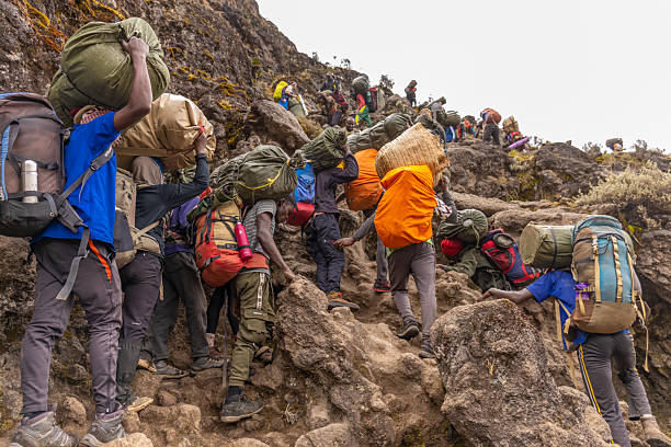 Kilimanjaro porters carrying trekking equipment during a 7-day Mount Kilimanjaro climb in Tanzania
