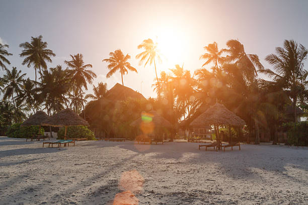 Guided Sunset Beach Walk in Zanzibar at Pongwe Bay with golden sunset, low tide, white sandy beach, and beachfront resort.