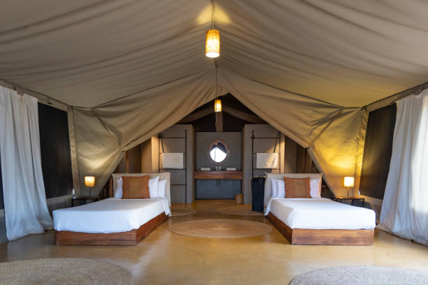 Interior of a luxury tented lodge during Tanzania safari in Tarangire National Park