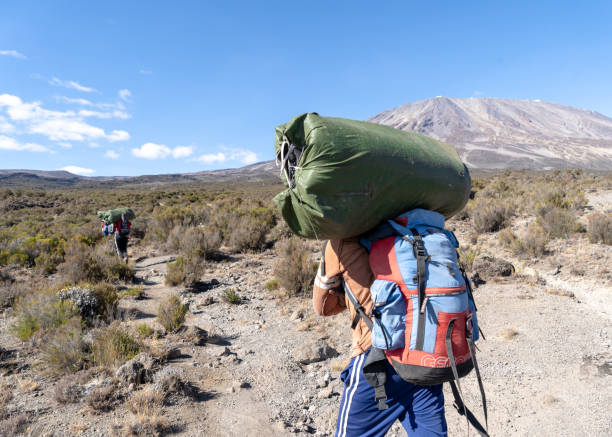 Kilimanjaro porter carrying climbing gear along the Rongai Route during a Mount Kilimanjaro trek in Tanzania