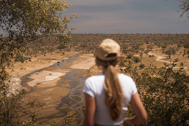 Tanzania Day Trips to Tarangire National Park with a young woman admiring elephants during a Tanzania safari experience