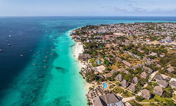 Cost of Visiting Zanzibar – aerial view of Nungwi Beach showcasing turquoise waters, white sandy beaches, luxury resorts, and the vibrant coastline in Zanzibar, Tanzania.
