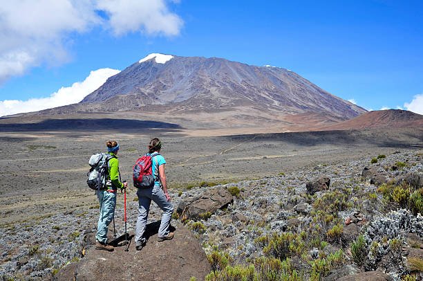 Two women overlooking Mount Kilimanjaro route on an 8 days trekking package in Tanzania