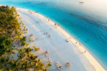 Aerial view of Kendwa Beach Zanzibar with white sand and turquoise water