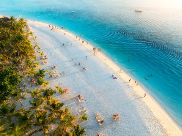 Kendwa Beach Zanzibar Cost – aerial view of white sandy beach, palm trees and turquoise Indian Ocean