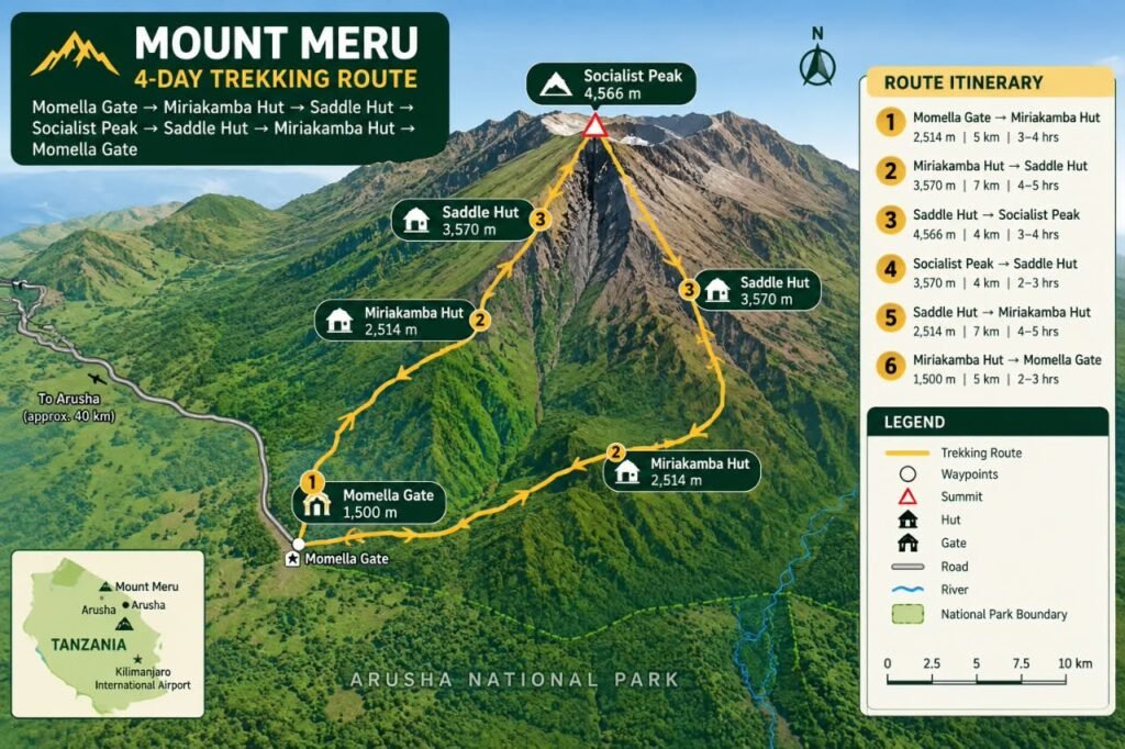 4 Days Mount Meru Trek – Mount Meru Trekking Route Map