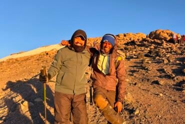 Trekkers hiking up Mount Kilimanjaro in Tanzania