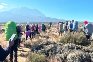 Group of trekkers and porters climbing Mount Kilimanjaro in Tanzania